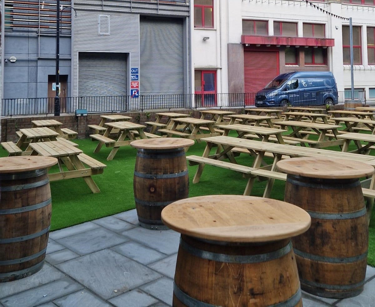 Round Wine Barrel Table with Handmade Barrel Stools