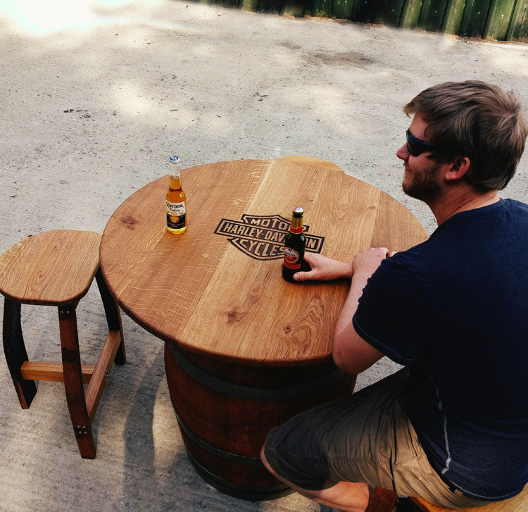 Round Wine Barrel Table with Handmade Barrel Stools
