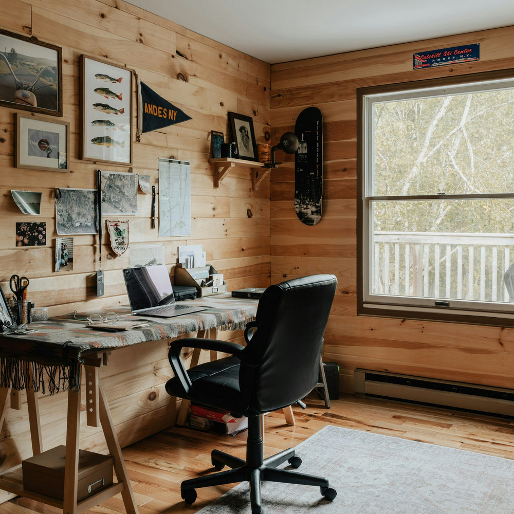 Rusitc office with sustainable timber and oak shelves from bespoke furniture maker, Celtic Timber.