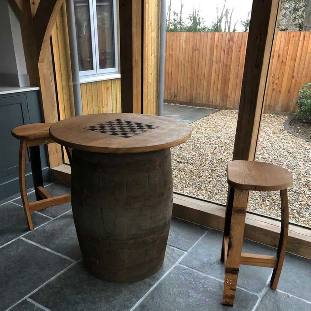 Round Oak Whisky Barrel Table with Handmade Barrel Stools
