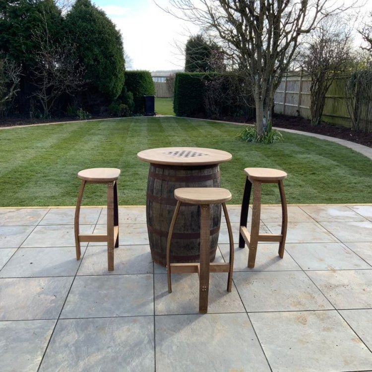 Round Oak Whisky Barrel Table with Handmade Barrel Stools