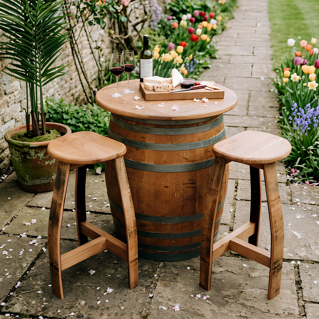 
                      
                        Round Wine Barrel Table with Handmade Barrel Stools
                      
                    