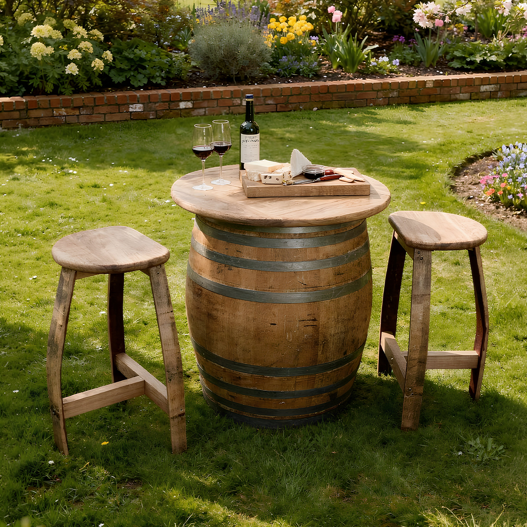 
                      
                        Round Wine Barrel Table with Handmade Barrel Stools
                      
                    