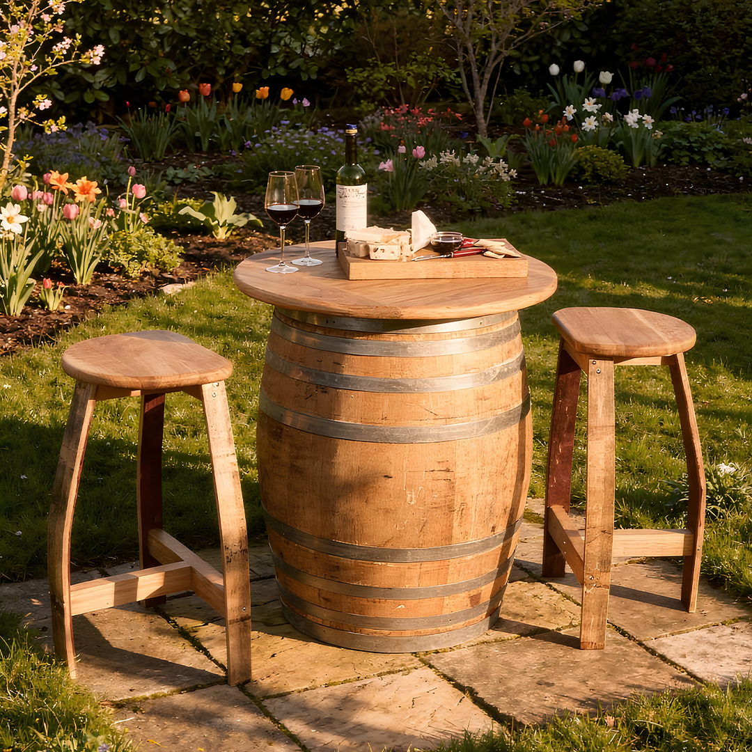 
                      
                        Round Wine Barrel Table with Handmade Barrel Stools
                      
                    