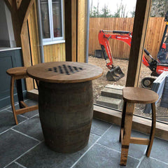 Round Oak Whisky Barrel Table with Handmade Barrel Stools