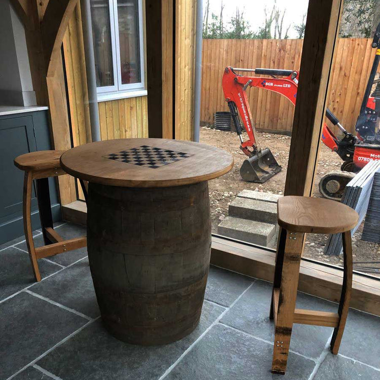 Round Oak Whisky Barrel Table with Handmade Barrel Stools