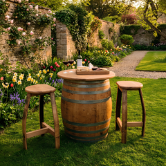 Round Wine Barrel Table with Handmade Barrel Stools