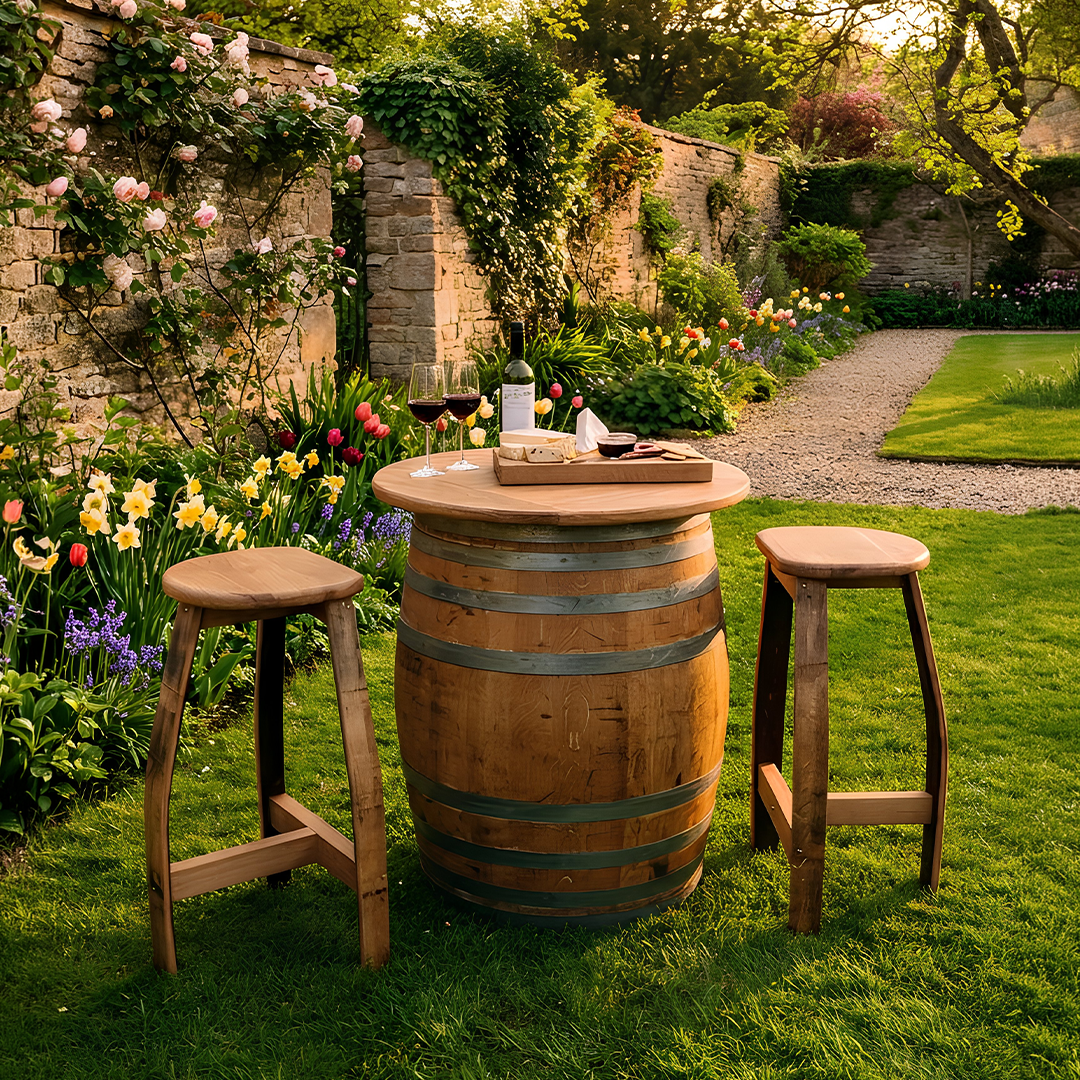 
                      
                        Round Wine Barrel Table with Handmade Barrel Stools
                      
                    