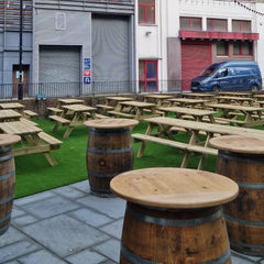 Round Wine Barrel Table with Handmade Barrel Stools