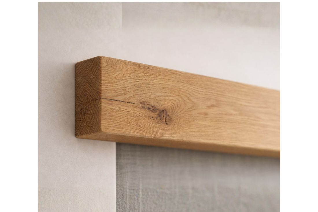
                      
                        Decorative Oak Fire Place Beam | Solid Oak Fascia Lintel (Holes Pre-Drilled for Supplied Key Hole Brackets) | Celtic Timber UK
                      
                    