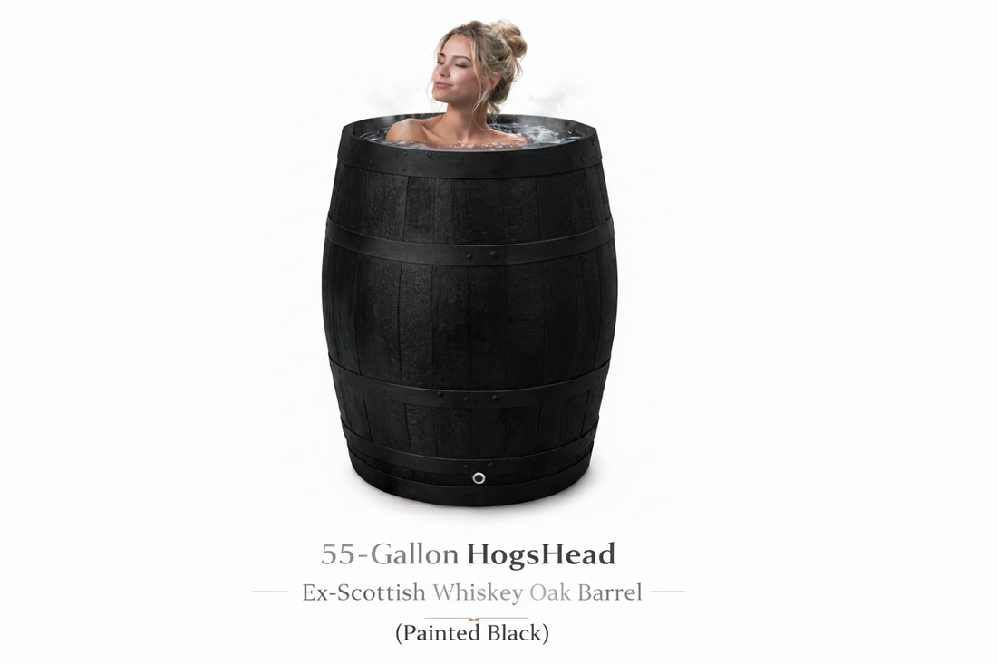 
                      
                        Woman relaxing in a 55-gallon HogsHead Ex-Scottish Whiskey Oak Barrel Ice Bath Cold Water Therapy.
                      
                    