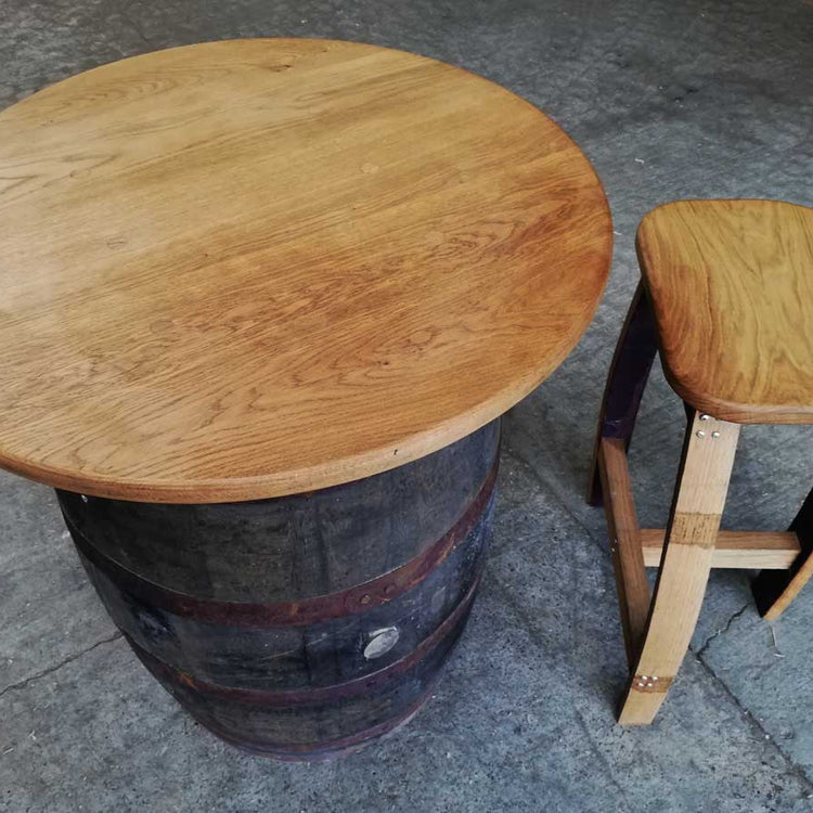 Round Oak Whisky Barrel Table with Handmade Barrel Stools