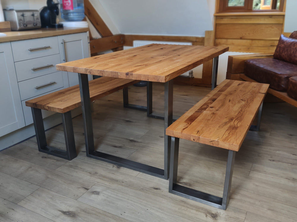 Solid Oak Dining Table with Steel Legs and Benches