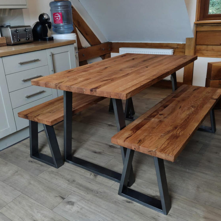 Solid Oak Dining Table with Steel Legs and Benches