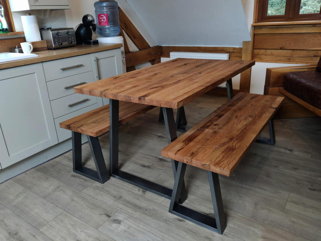 
                      
                        Solid Oak Dining Table with Steel Legs and Benches
                      
                    