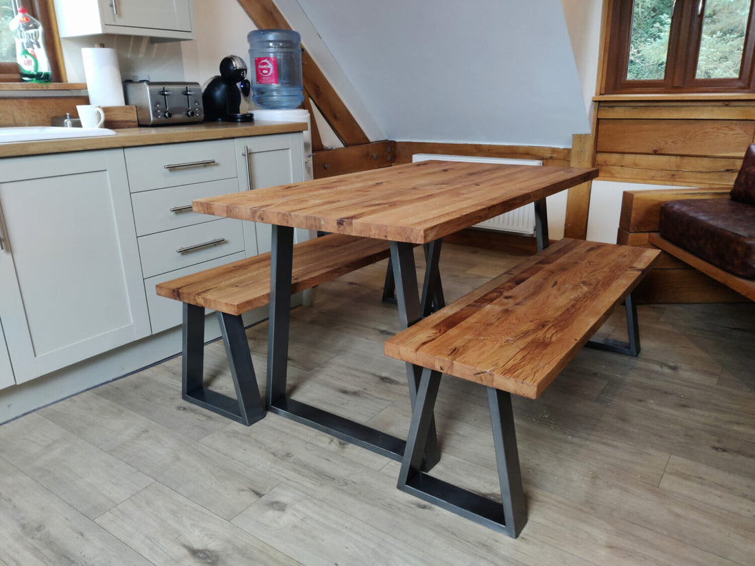 Solid Oak Dining Table with Steel Legs and Benches