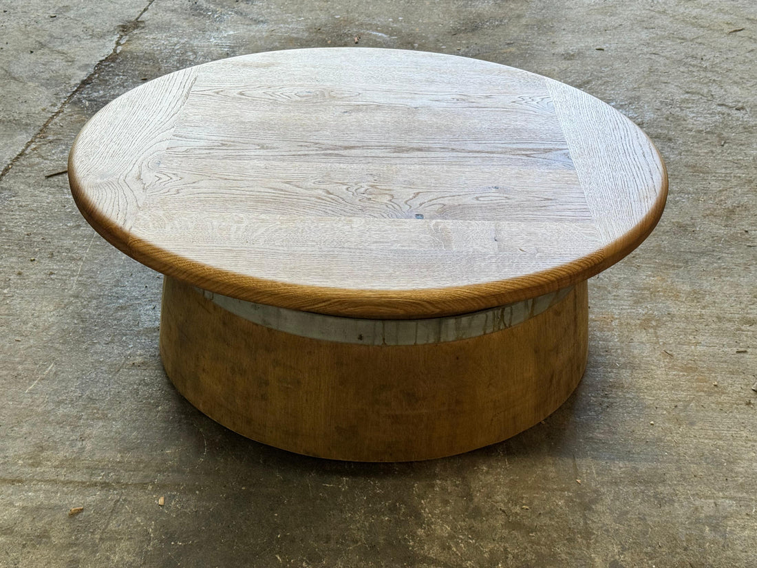 
                      
                        Round Wine Barrel Table with Handmade Barrel Stools
                      
                    