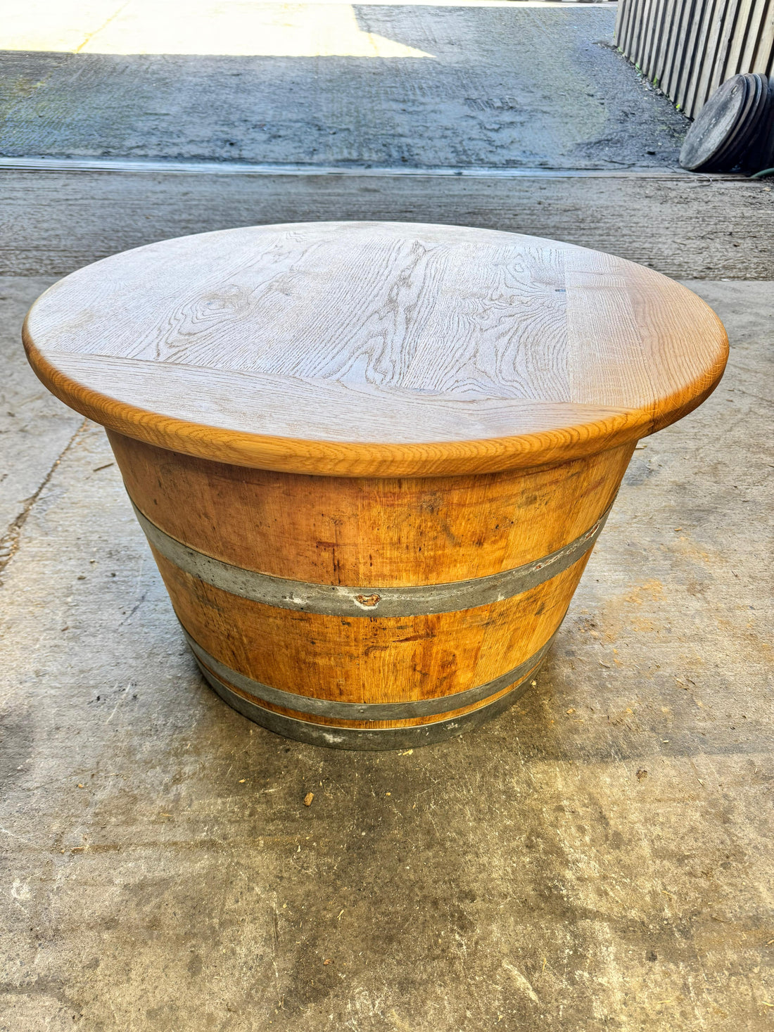 
                      
                        Round Wine Barrel Table with Handmade Barrel Stools
                      
                    