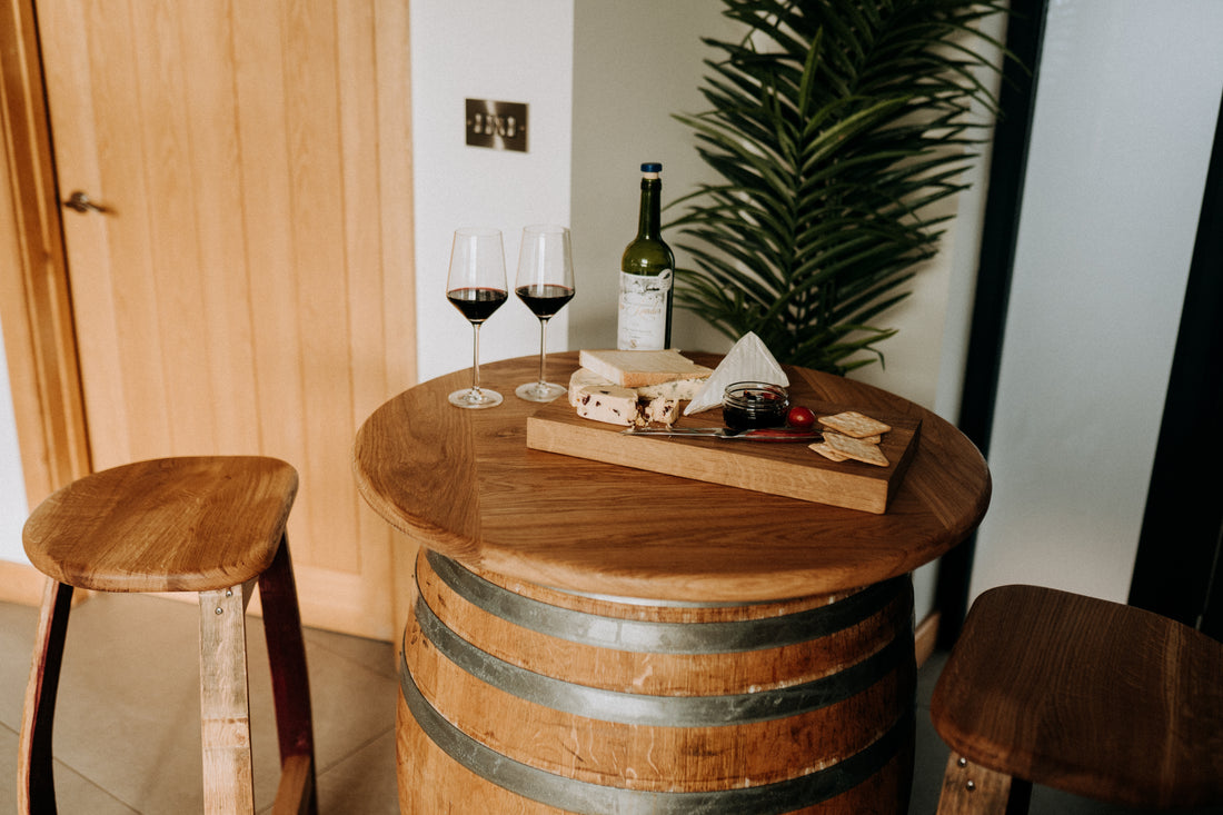 
                      
                        Round Wine Barrel Table with Handmade Barrel Stools
                      
                    