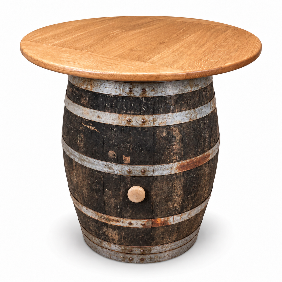 
                      
                        Round Wine Barrel Table with Handmade Barrel Stools
                      
                    