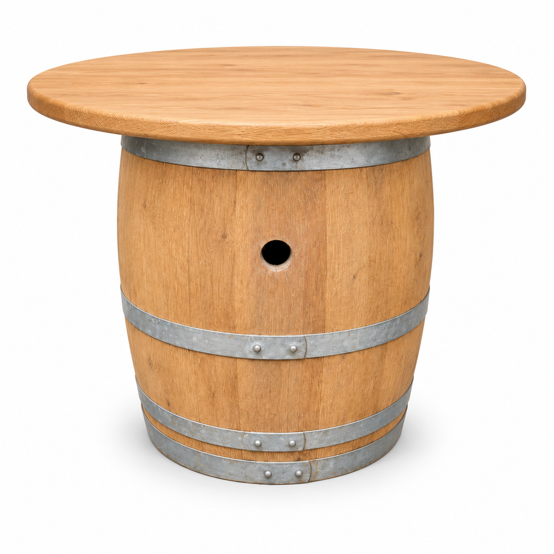 
                      
                        Round Wine Barrel Table with Handmade Barrel Stools
                      
                    