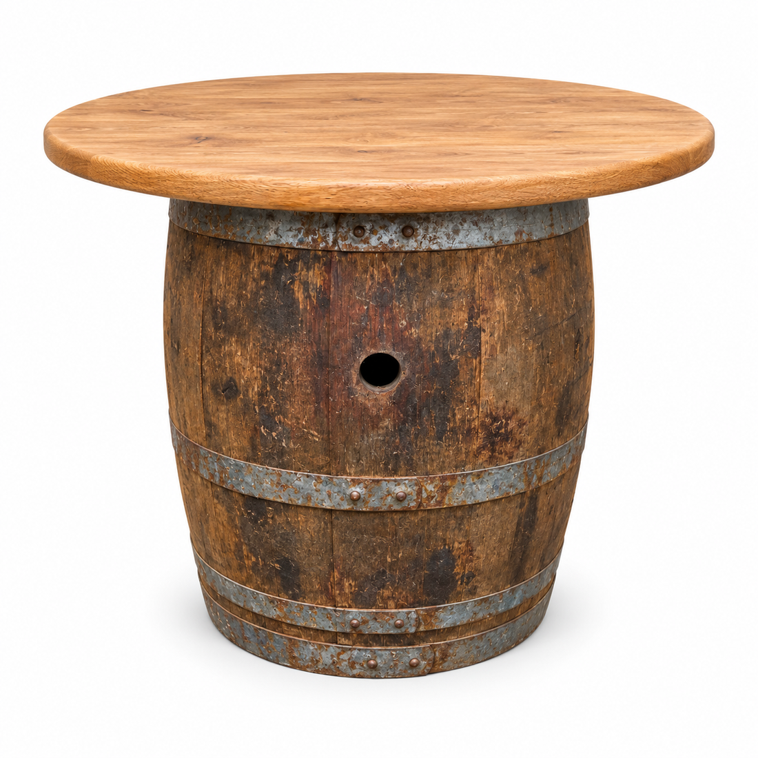 
                      
                        Round Wine Barrel Table with Handmade Barrel Stools
                      
                    