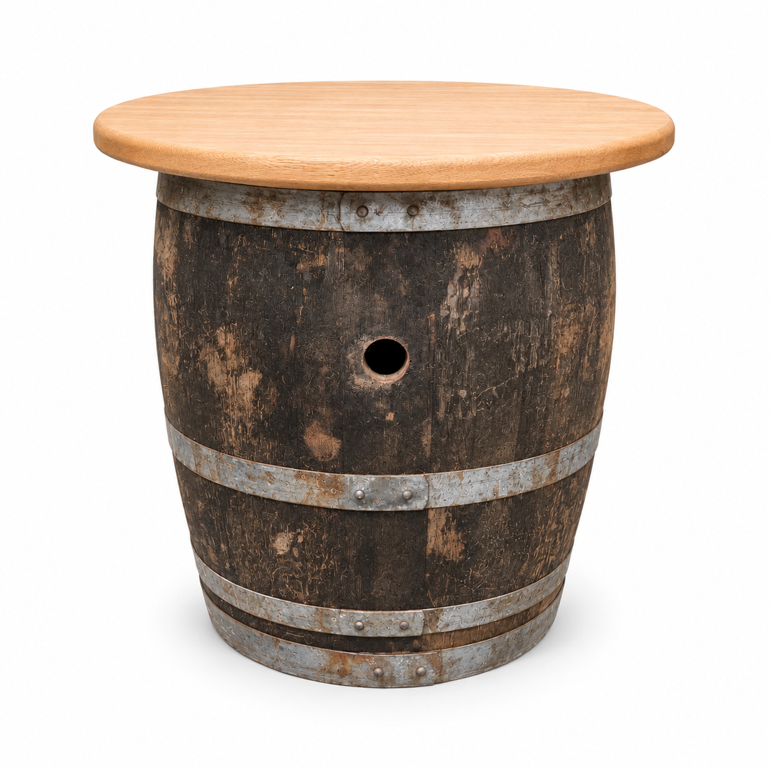 
                      
                        Round Wine Barrel Table with Handmade Barrel Stools
                      
                    