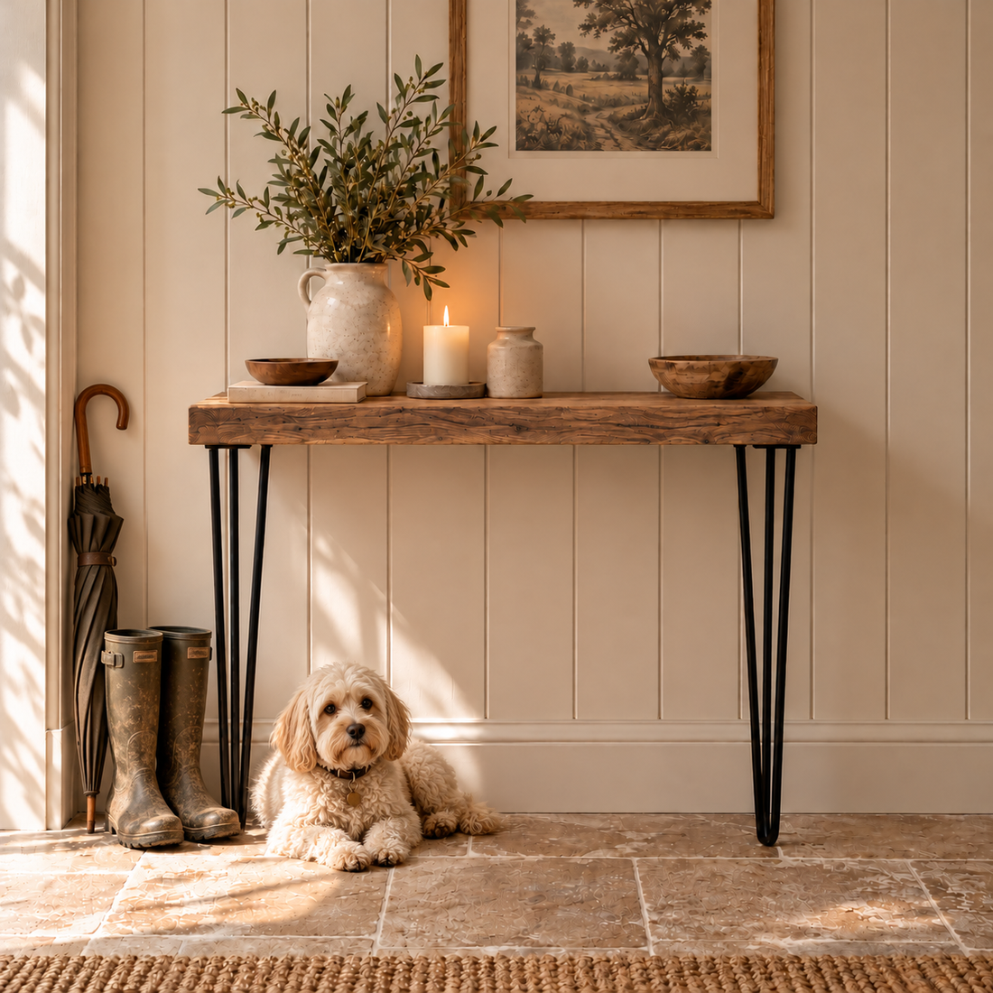 
                      
                        Solid Oak Hairpin Console Table – Handmade Oak Hallway Table
                      
                    