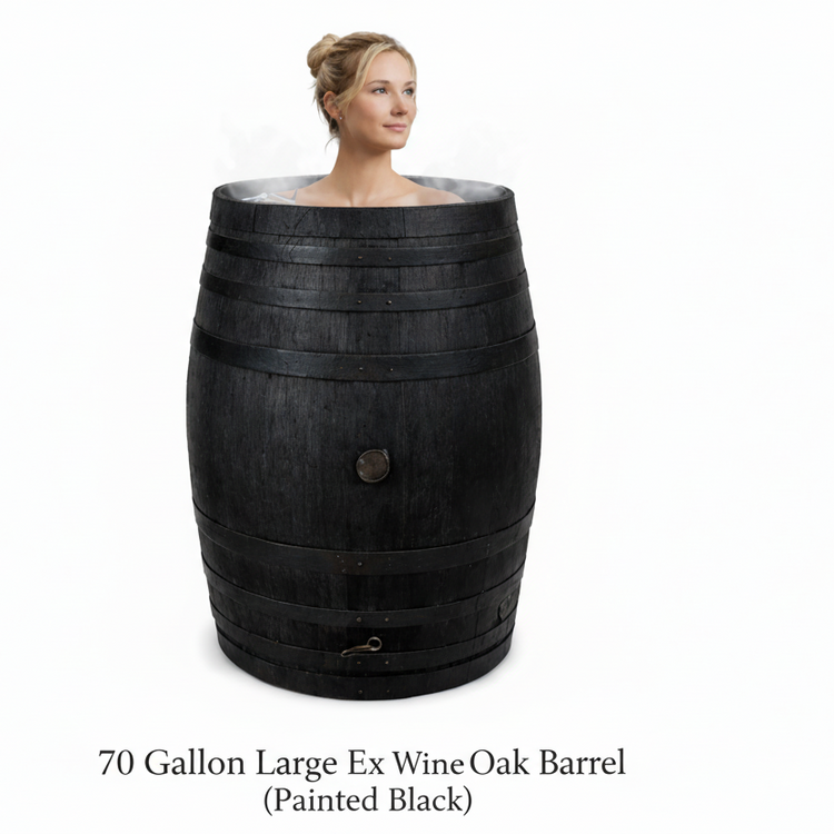 Woman inside a large ex-wine oak barrel Ice plunge Bath Cold Water Therapy