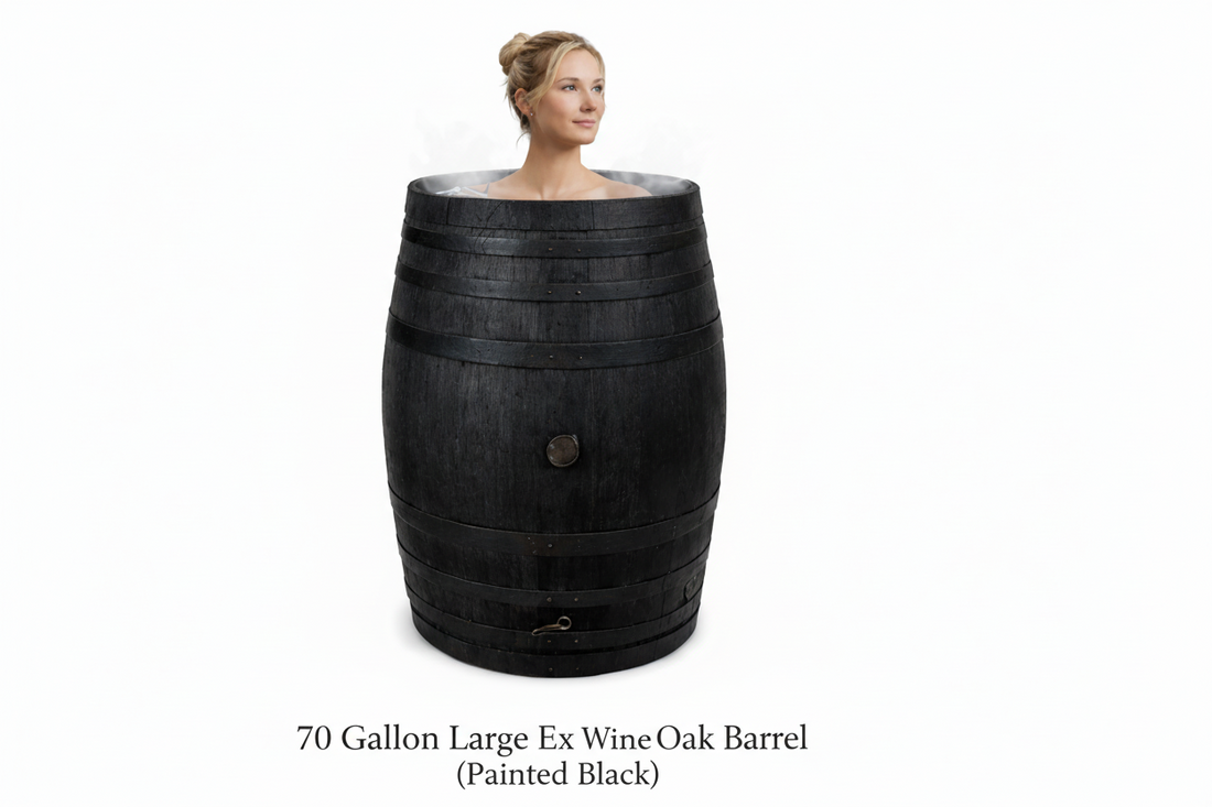 
                      
                        Woman inside a large ex-wine oak barrel Ice plunge Bath Cold Water Therapy
                      
                    