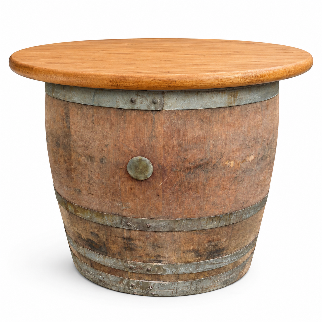 
                      
                        Round Wine Barrel Table with Handmade Barrel Stools
                      
                    