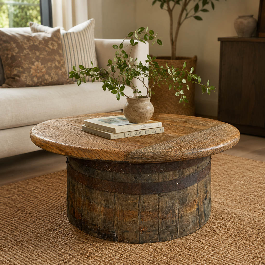 
                      
                        Handmade Oak Whisky Barrel Table & Stools
                      
                    