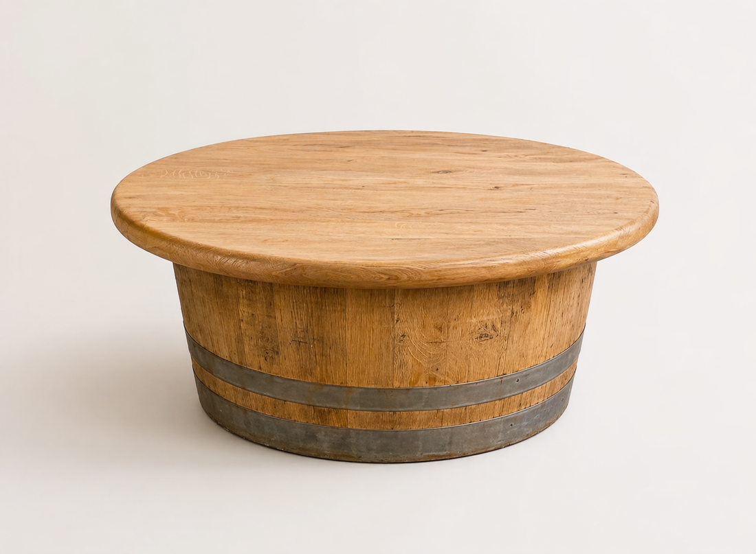 
                      
                        Round Wine Barrel Table with Handmade Barrel Stools
                      
                    