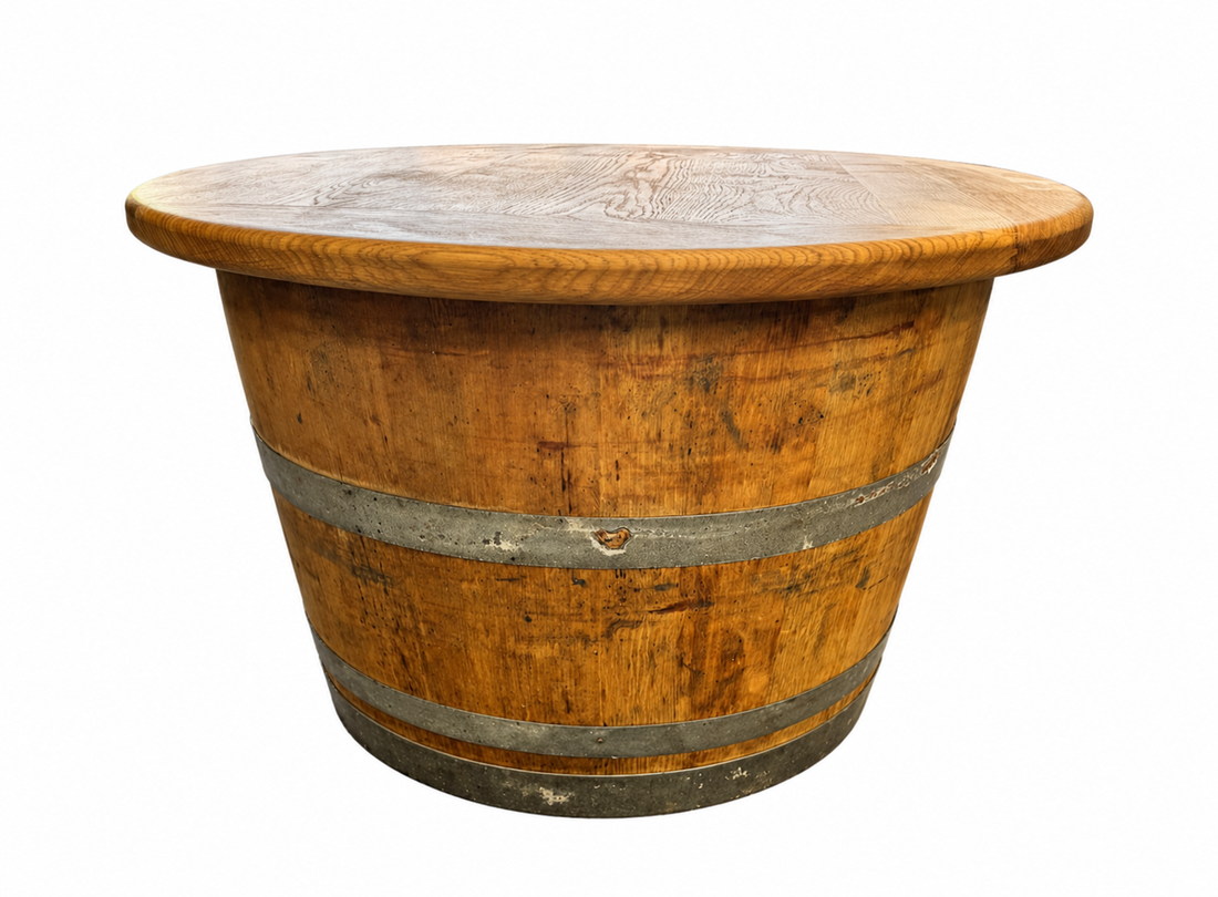 
                      
                        Round Wine Barrel Table with Handmade Barrel Stools
                      
                    