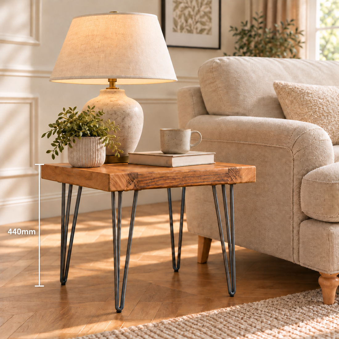 
                      
                        Modern Industrial Solid Oak Side Table
                      
                    