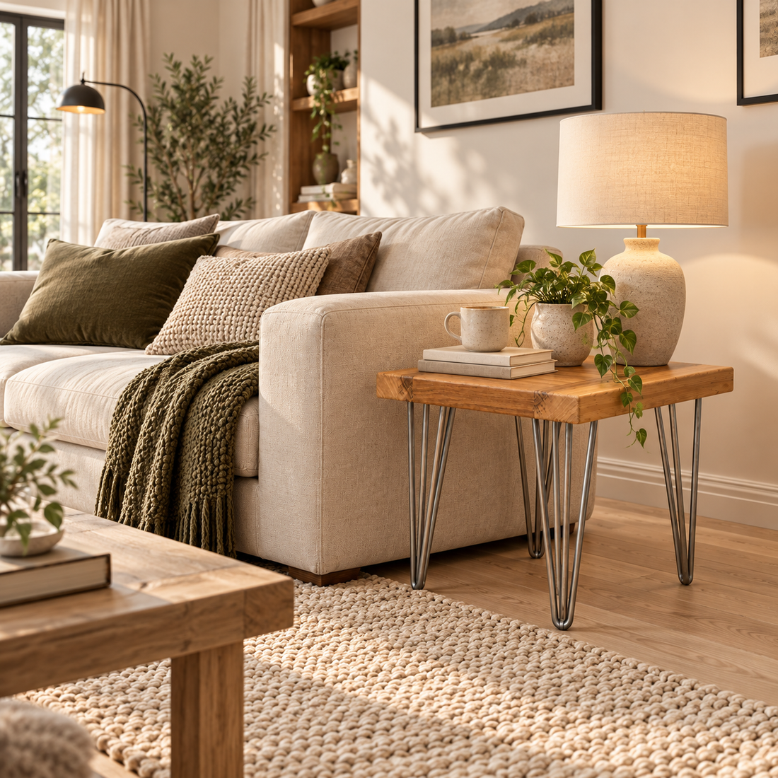Modern Industrial Solid Oak Side Table