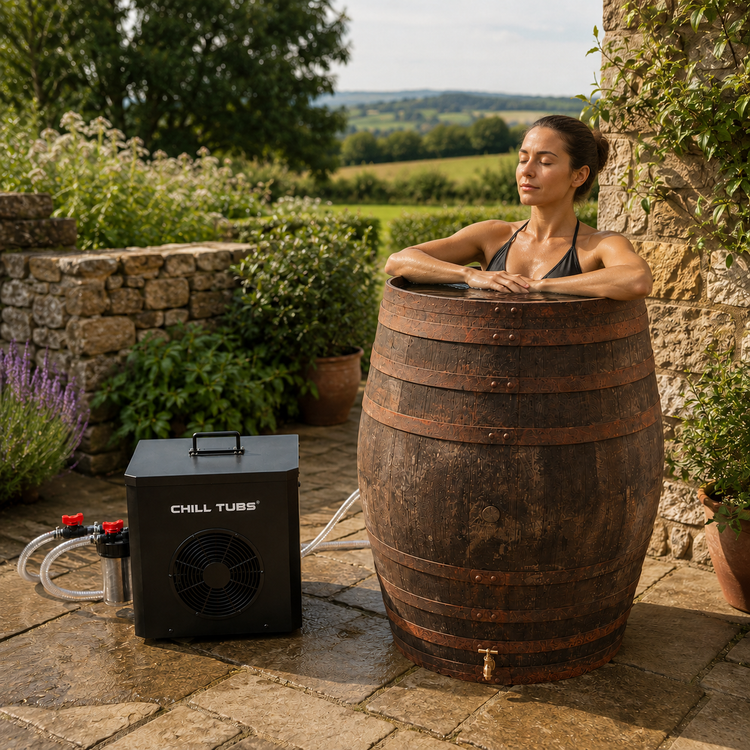 Oak Barrel Ice Bath & Mini Chiller Bundle – Cold Plunge Setup