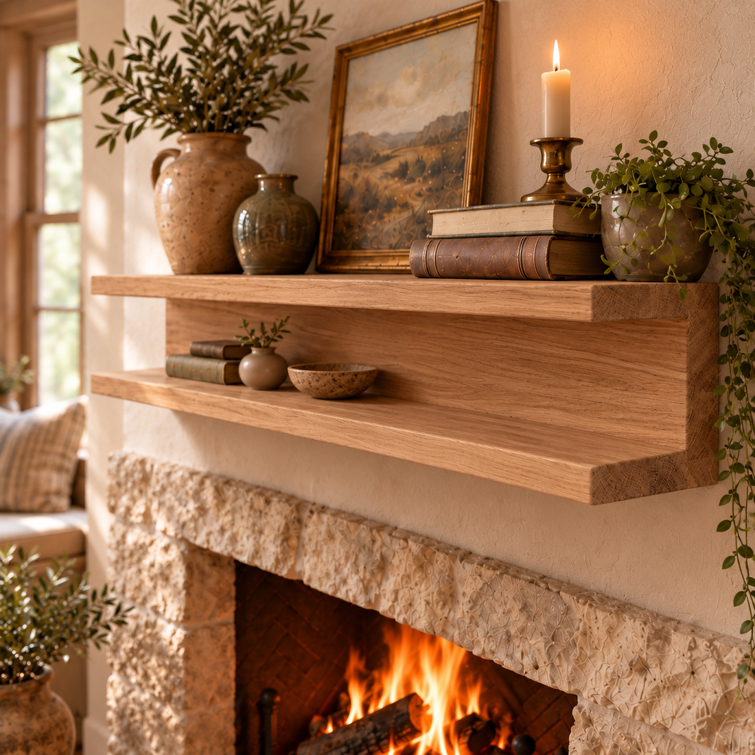 
                      
                        Oak Fireplace Mantel – Modern Two-Tier Shelf
                      
                    