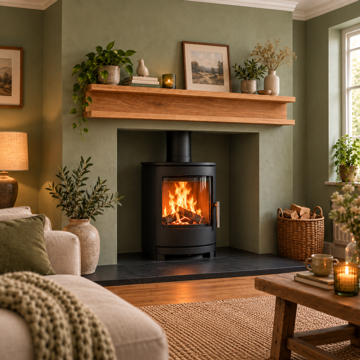 Oak Fireplace Mantel – Modern Two-Tier Shelf