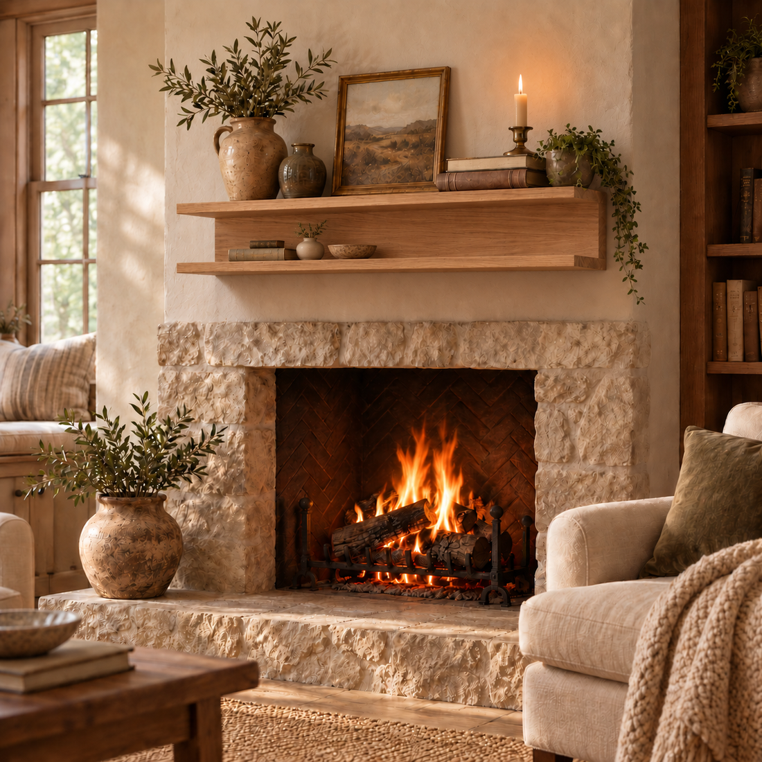
                      
                        Oak Fireplace Mantel – Modern Two-Tier Shelf
                      
                    