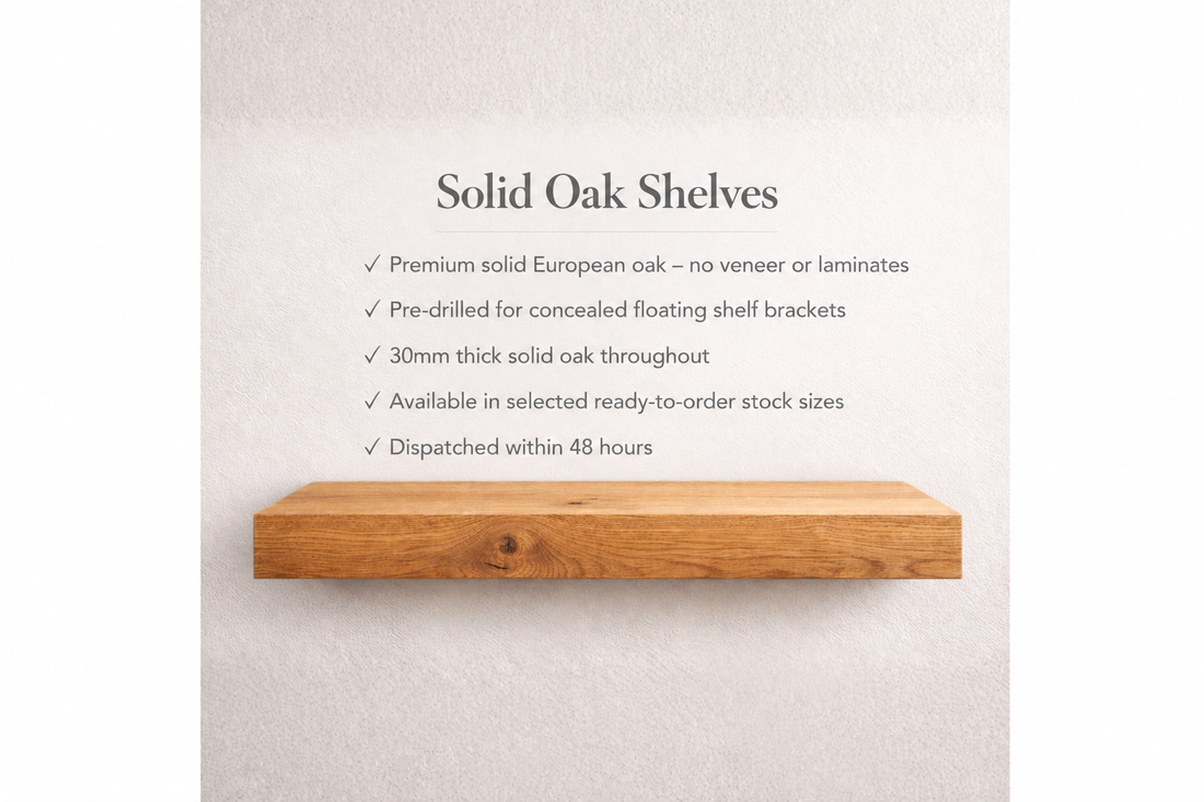 
                      
                        Express Solid Oak Floating Shelves – Pre-Drilled & Sanded
                      
                    
