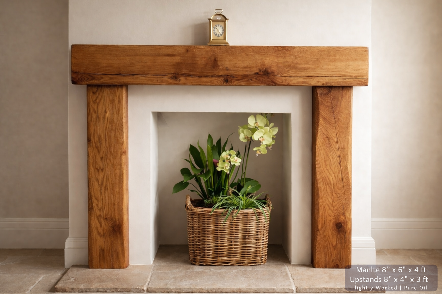 Solid Oak Beam Fireplace Surround 1200mm | Handcrafted French Oak Mantle Piece