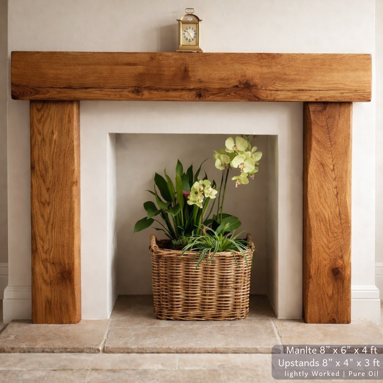 Solid Oak Beam Fireplace Surround 1200mm | Handcrafted French Oak Mantle Piece