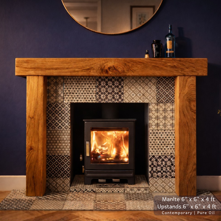 Solid Oak Beam Fireplace Surround 1200mm | Handcrafted French Oak Mantle Piece