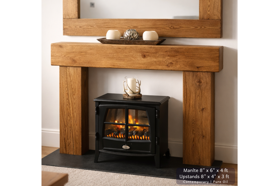 
                      
                        Solid Oak Beam Fireplace Surround 1200mm | Handcrafted French Oak Mantle Piece
                      
                    