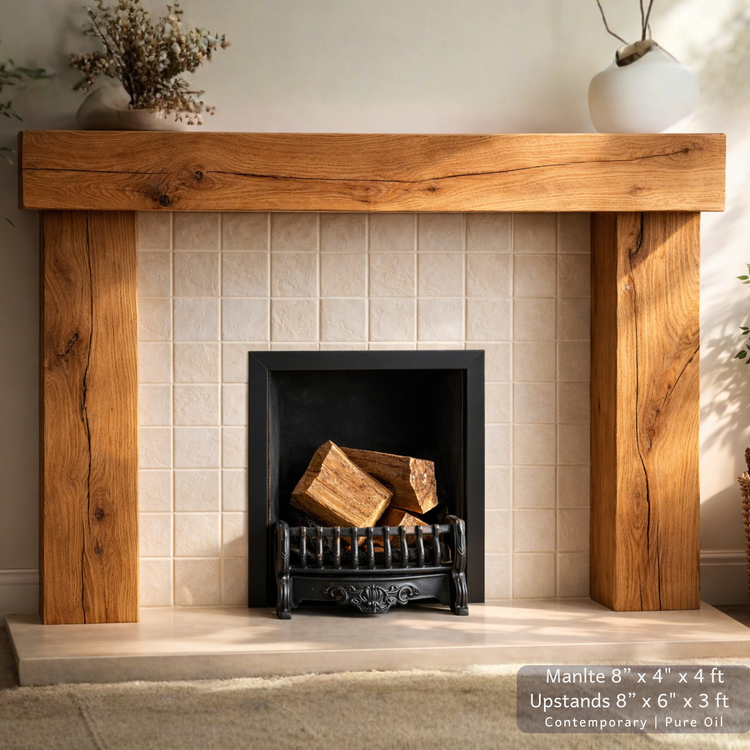 Solid Oak Beam Fireplace Surround 1200mm | Handcrafted French Oak Mantle Piece