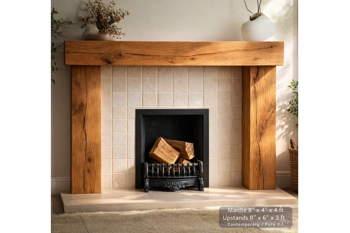 Solid Oak Beam Fireplace Surround 1200mm | Handcrafted French Oak Mantle Piece