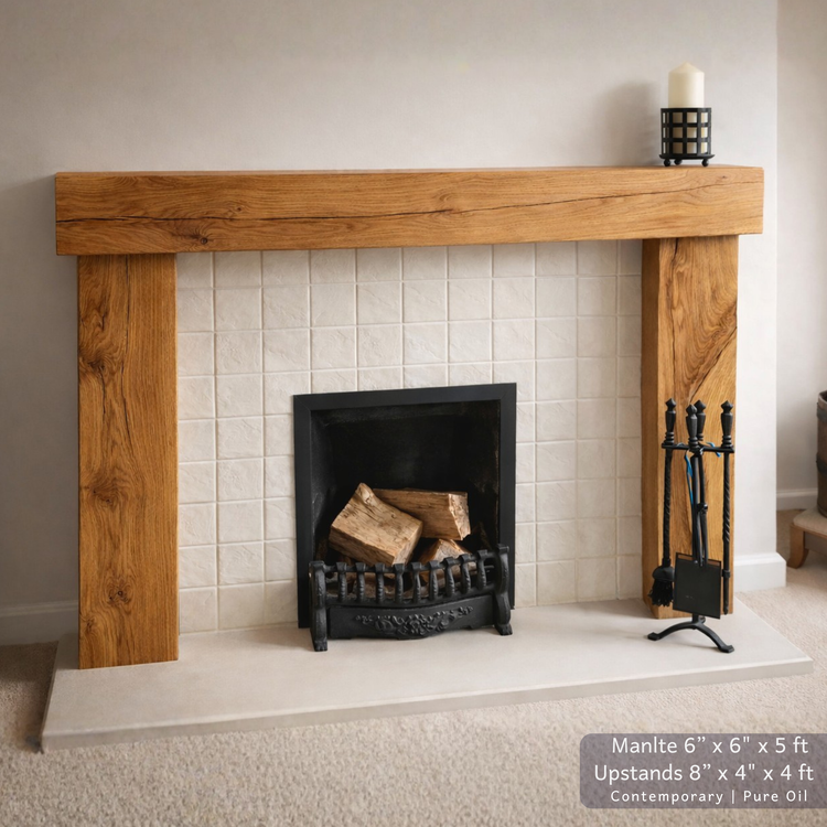 Solid Oak Beam Fireplace Surround 1200mm | Handcrafted French Oak Mantle Piece