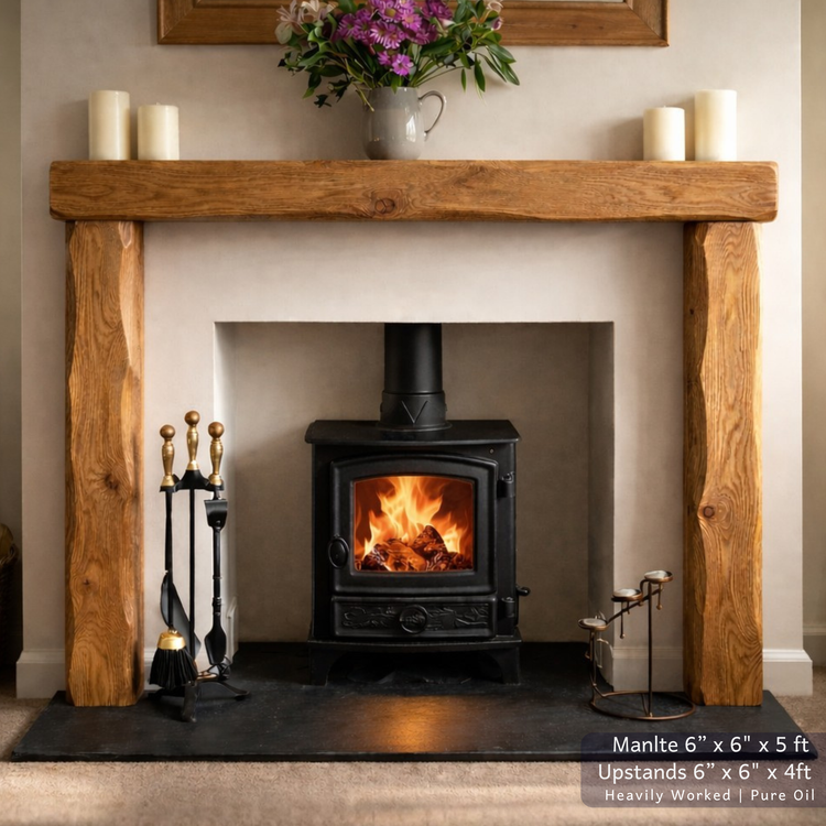 Solid Oak Beam Fireplace Surround 1200mm | Handcrafted French Oak Mantle Piece