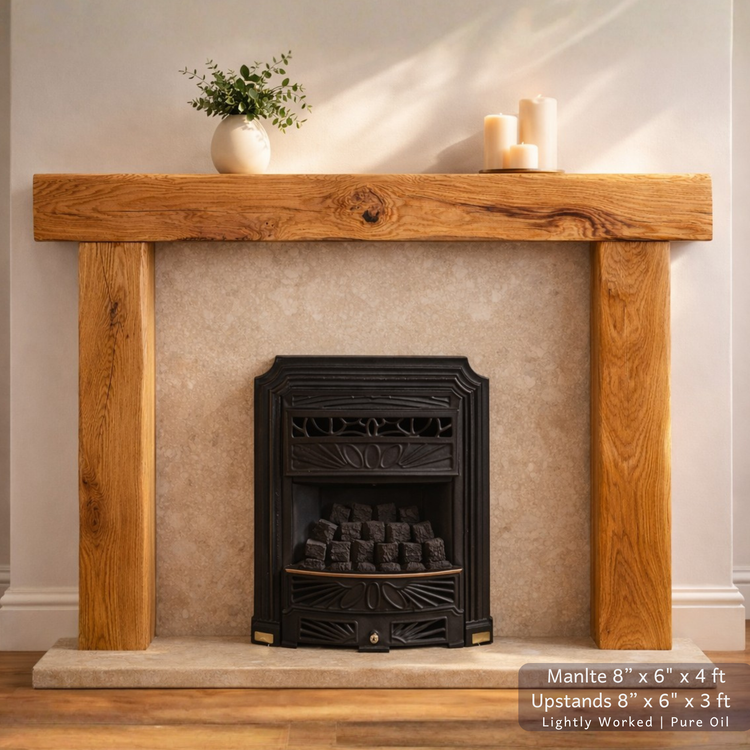 Solid Oak Beam Fireplace Surround 1200mm | Handcrafted French Oak Mantle Piece